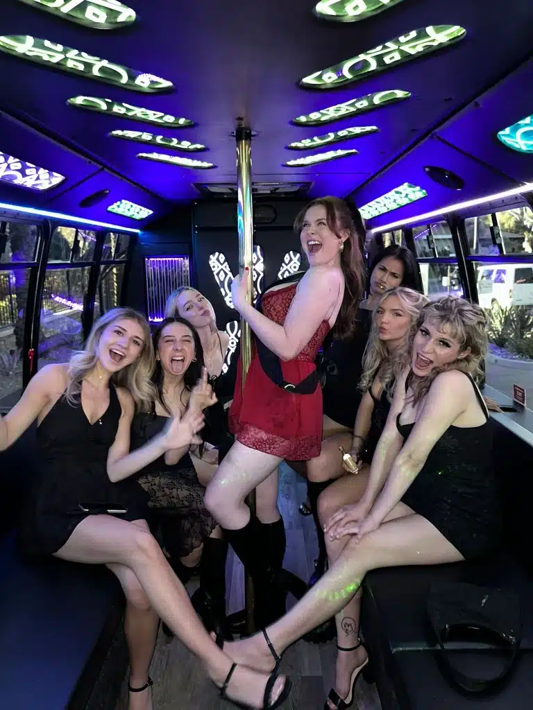 bride to be on pole with her bridal party surrounding her
