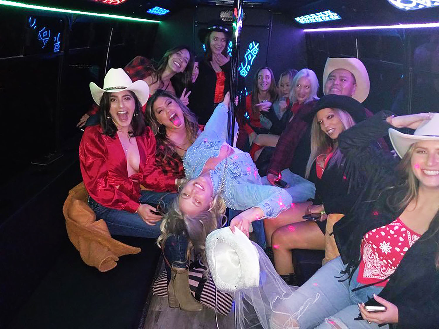 Group dressed western in our Tempe Party Bus